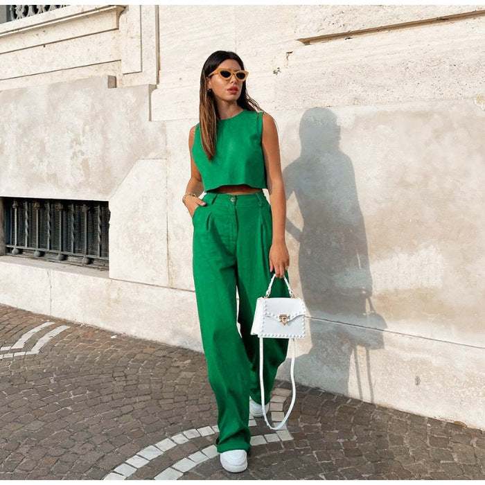 Solid Color Round Neck Sleeveless Vest Top And Trousers