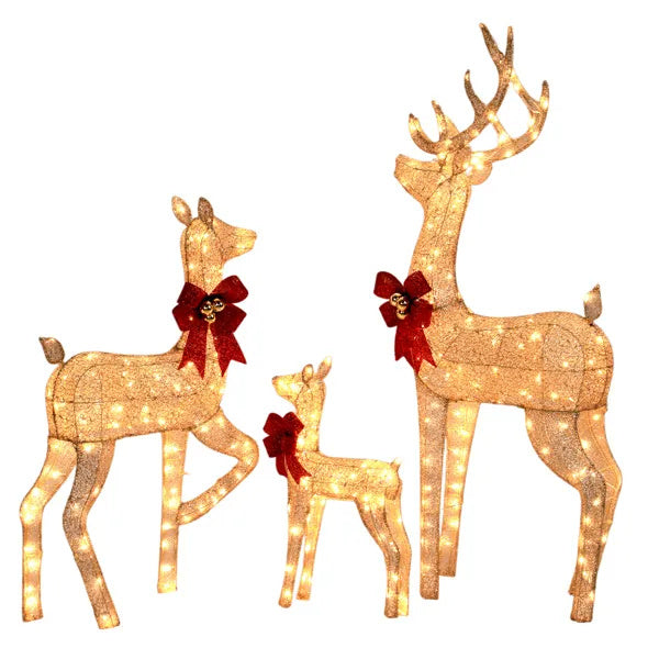 3-Piece Lighted Christmas Reindeer Family Set Outdoor Decorations, Weather Proof Sparkling Deer Family Set Of 3 Christmas Ornament Home Decor Pre-lit 290 LED Warm White Lights, 5FT, Golden