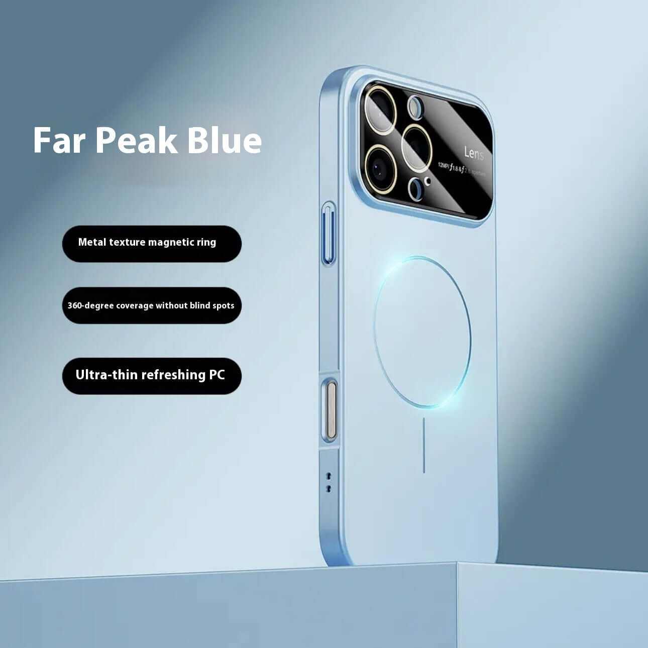 Far Peak Blue magnetic drop-resistant phone case with metal texture, 360-degree coverage and ultra-thin design.