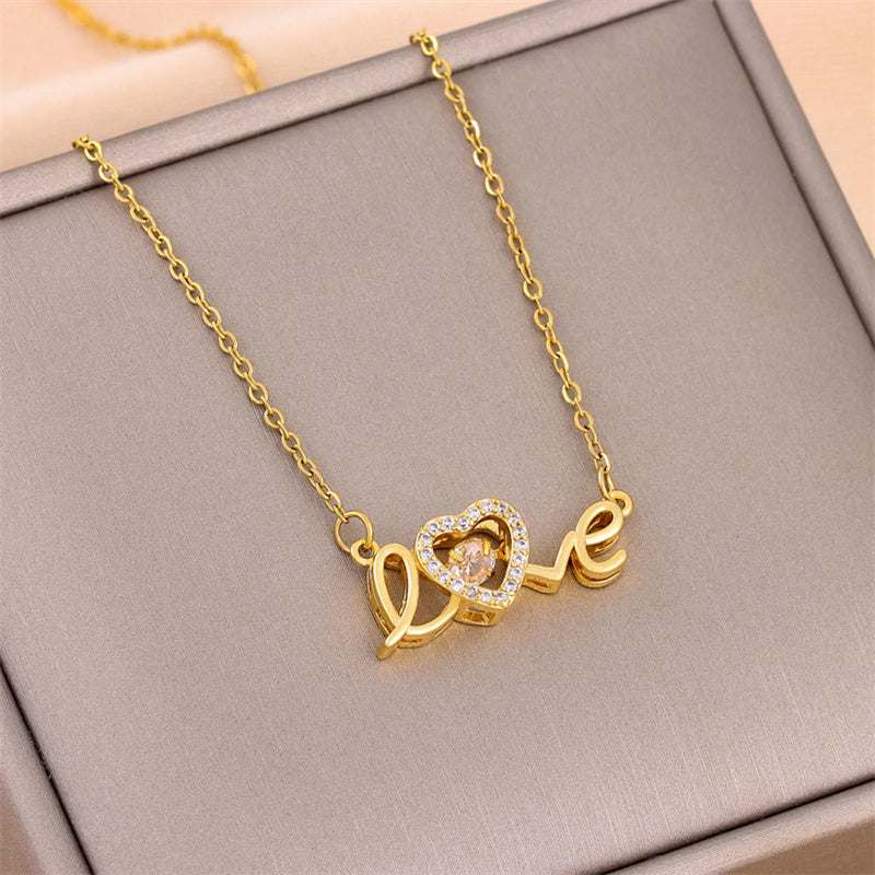 Gold fashion clavicle chain necklace with love pendant and heart-shaped crystals