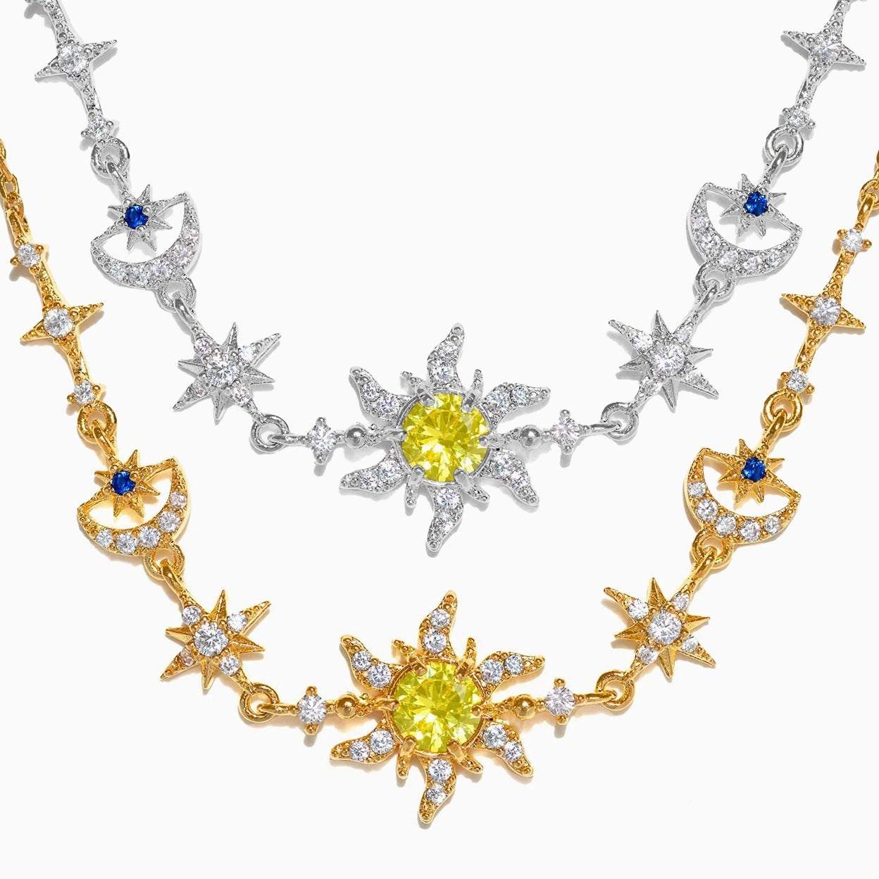 Fashion Sun Eight Awn Star Moon Bracelet for Women in gold and silver with star and moon design and yellow center stone
