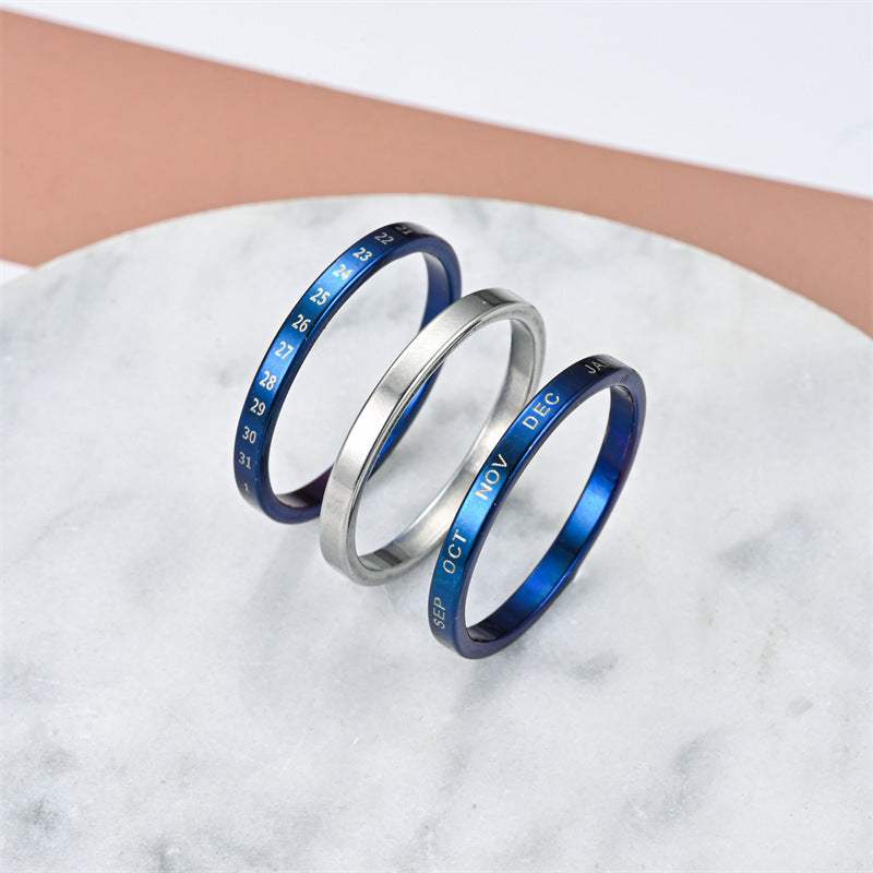 Fashionable elegant stainless steel titanium steel couple rings in blue and silver with date and month engraving