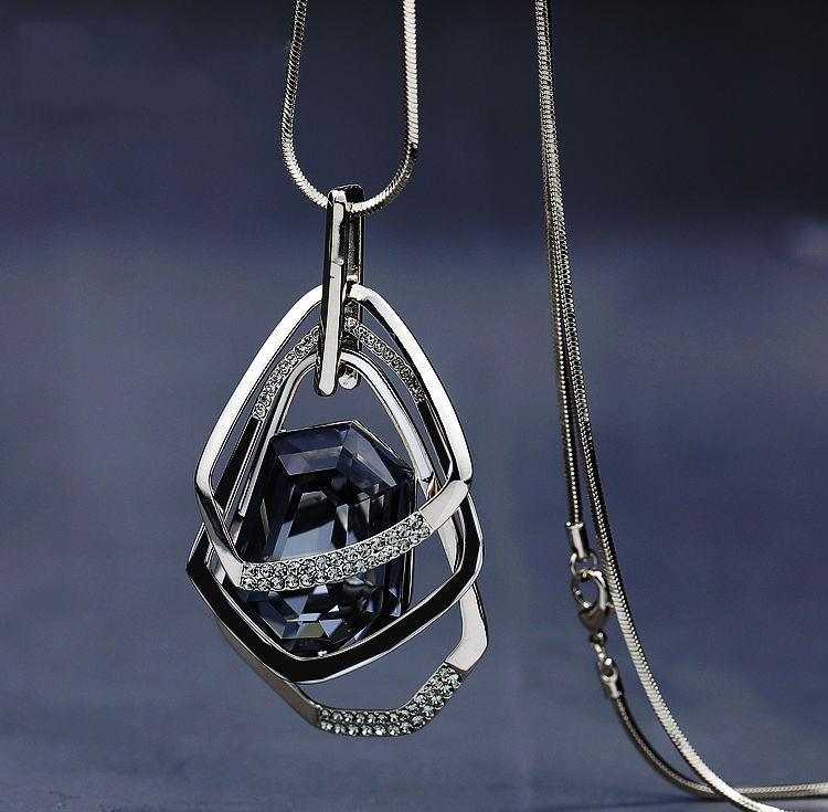 Fashionable layered long necklace with geometric pendant and water drill accents on silver alloy chain