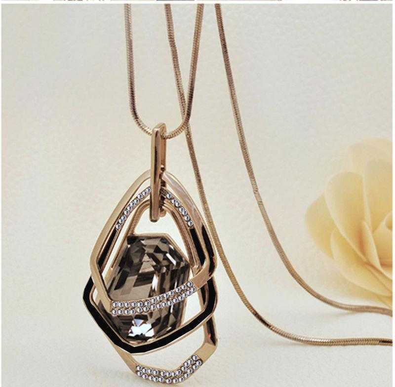 Fashionable layered long necklace with alloy and water drill pendant on gold chain