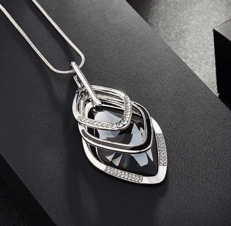 Fashionable layered long necklace with silver alloy and sparkling crystals on chain