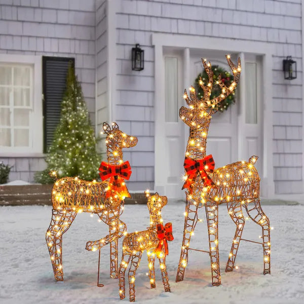 3-Piece Lighted Christmas Reindeer Family Set Outdoor Decorations, Weather Proof Rattan Deer Family Set Of 3 Christmas Ornament Home Decor Pre-lit 290 LED Warm White Lights, 5FT, Brown