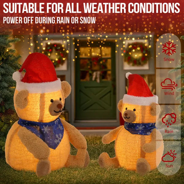 Set Of 2 Lighted Plush Bear Christmas Decorations, Pre-lit Pull Up Holiday Decor With 60 Warm White LED Lights For Xmas Outdoor Indoor Decor Lighted Holiday Displays