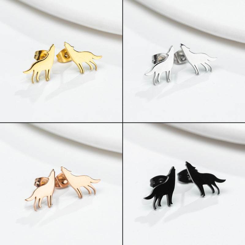 Female Japan and South Korea style small animal ear studs in gold, silver, rose, and matte black stainless steel with retro electroplating finish