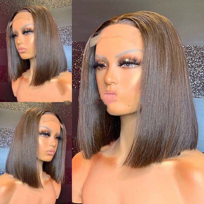Short Hair European style mid-shoulder straight wig with long bangs in natural brown color