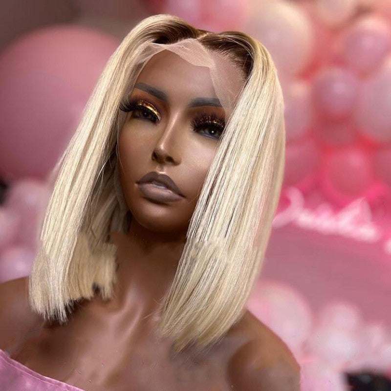 European style short straight blonde bob wig for women with long bangs and natural look