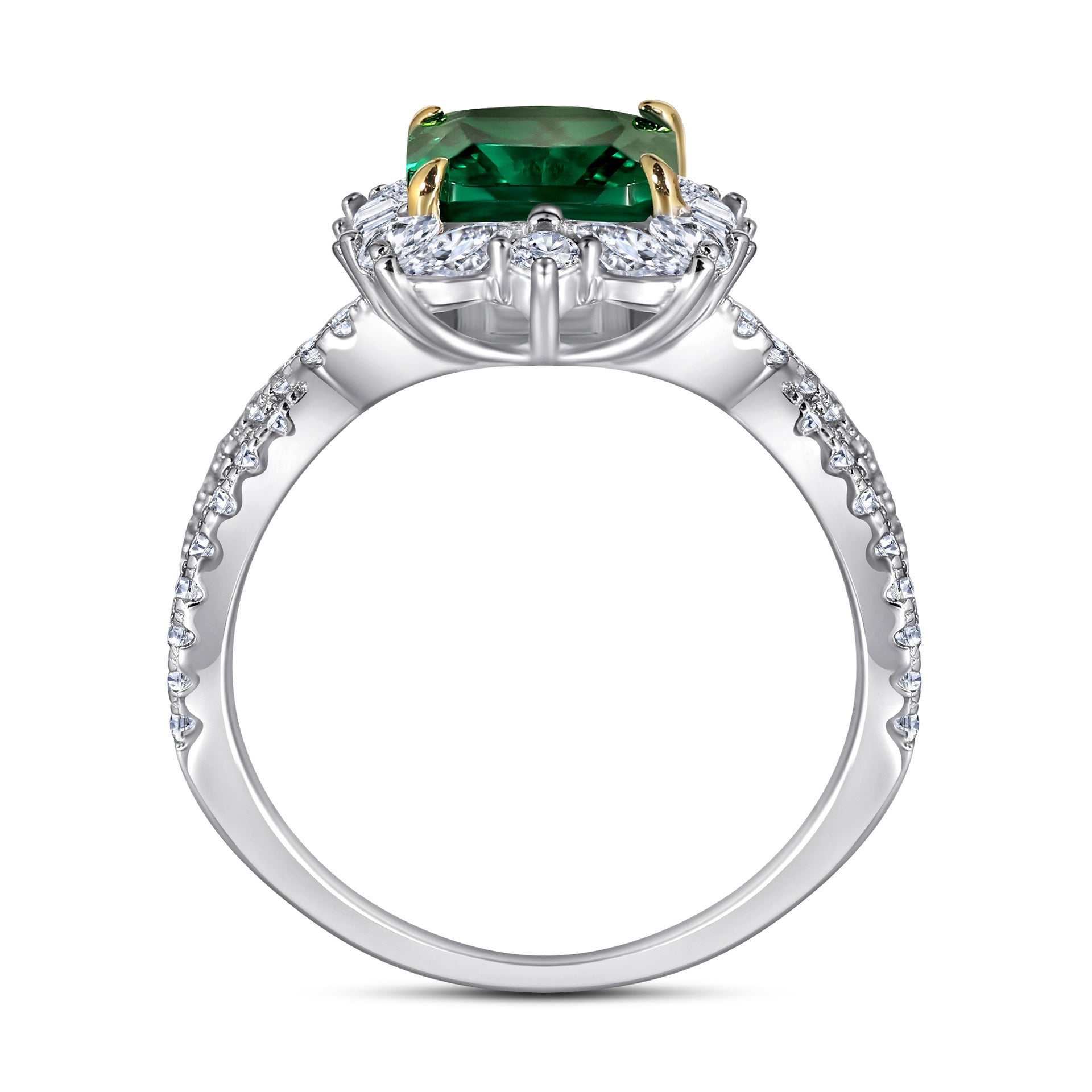 European style grandmother engagement ring with green rectangular gemstone and sterling silver band adorned with small diamonds