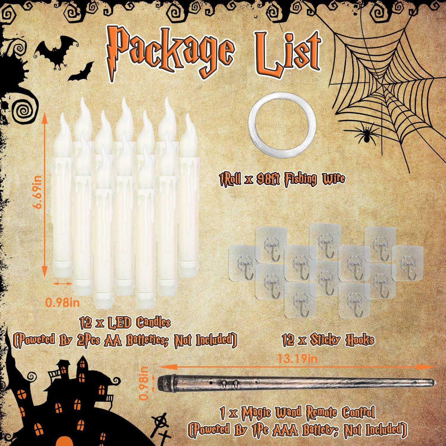 flameless floating candles with remote package list including LED candles, fishing wire, sticky hooks, and magic wand remote.