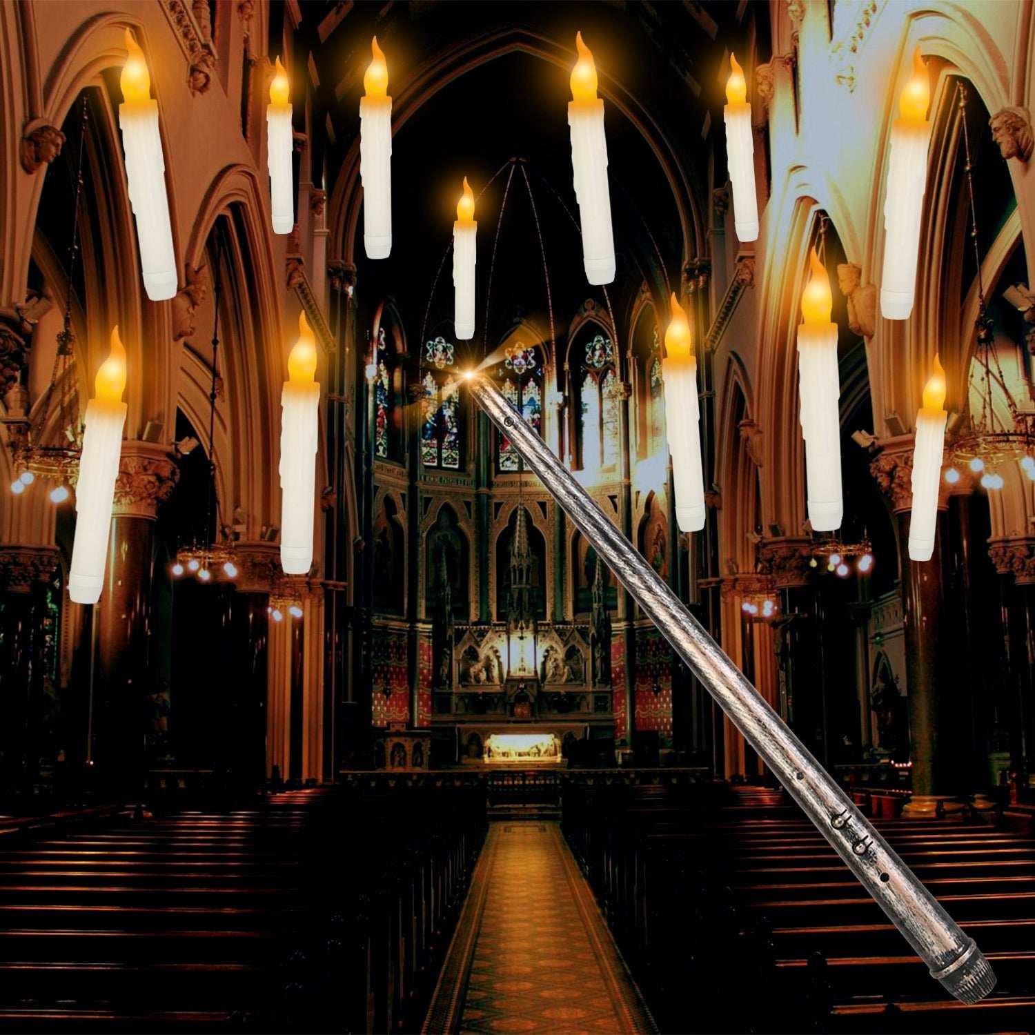 A serene church interior illuminated by flameless floating candles with remote, featuring a magic wand remote and glowing ambiance.