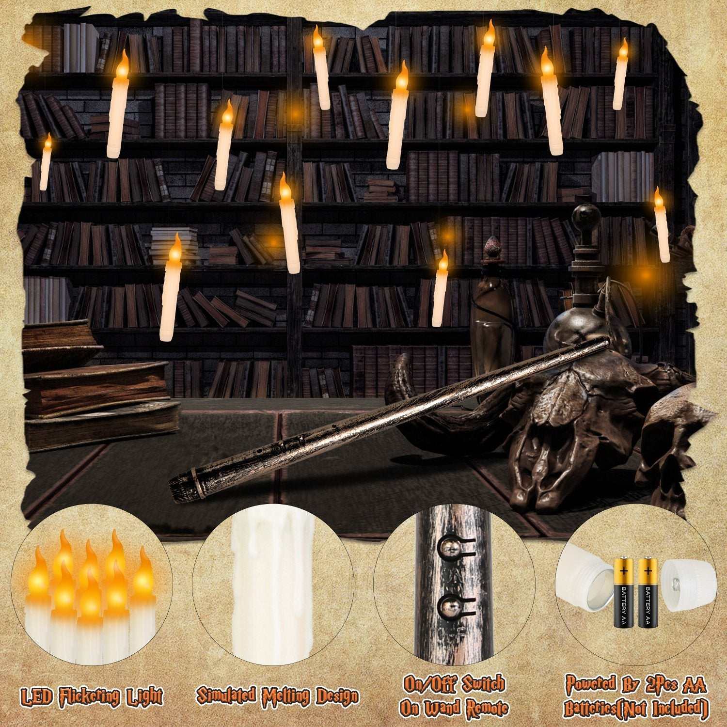 Flameless floating candles with remote displayed against a library background, featuring LED flickering lights and a magical atmosphere.
