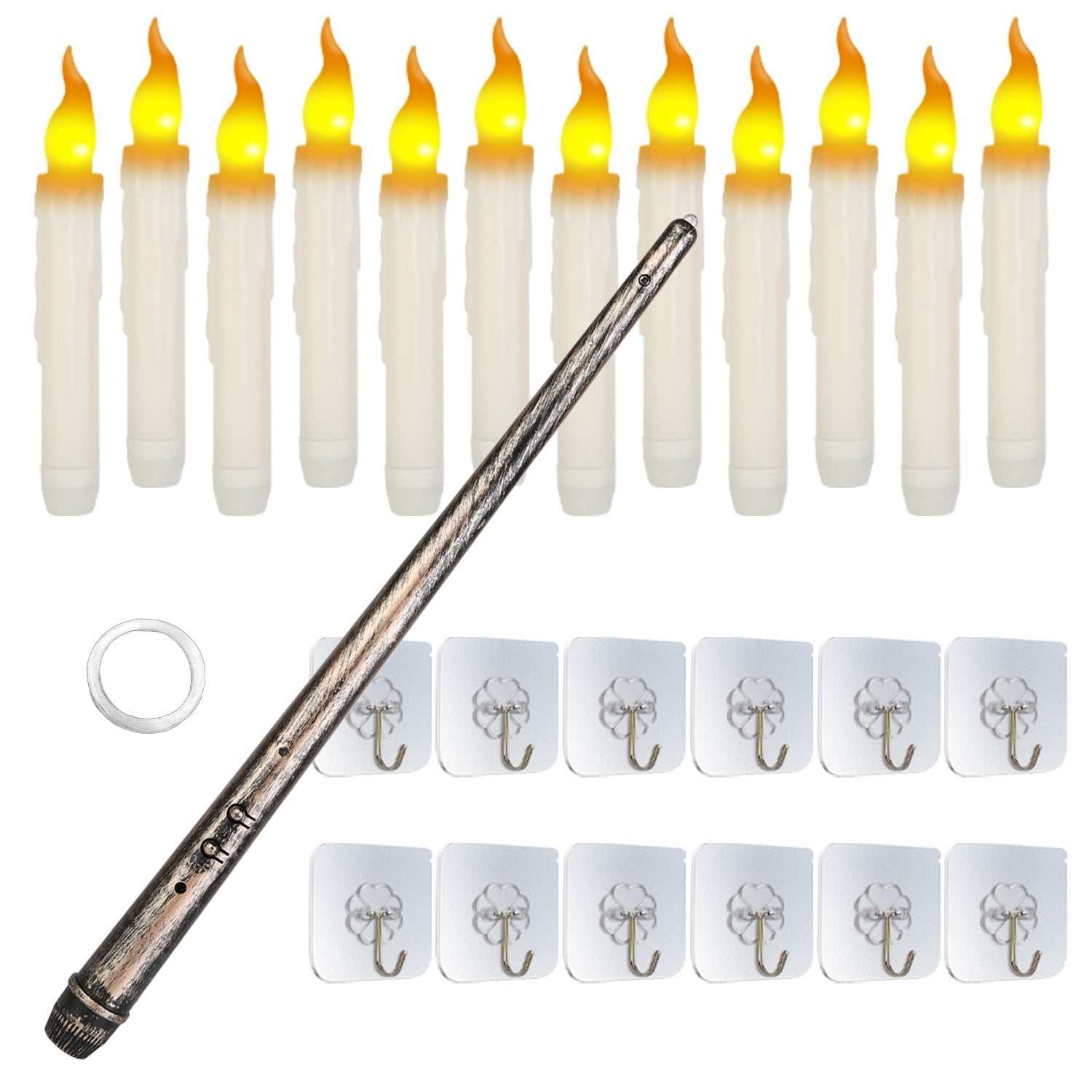 Flameless floating candles with remote, featuring LED candle lights, magic wand remote, hooks, and adhesive mounts.