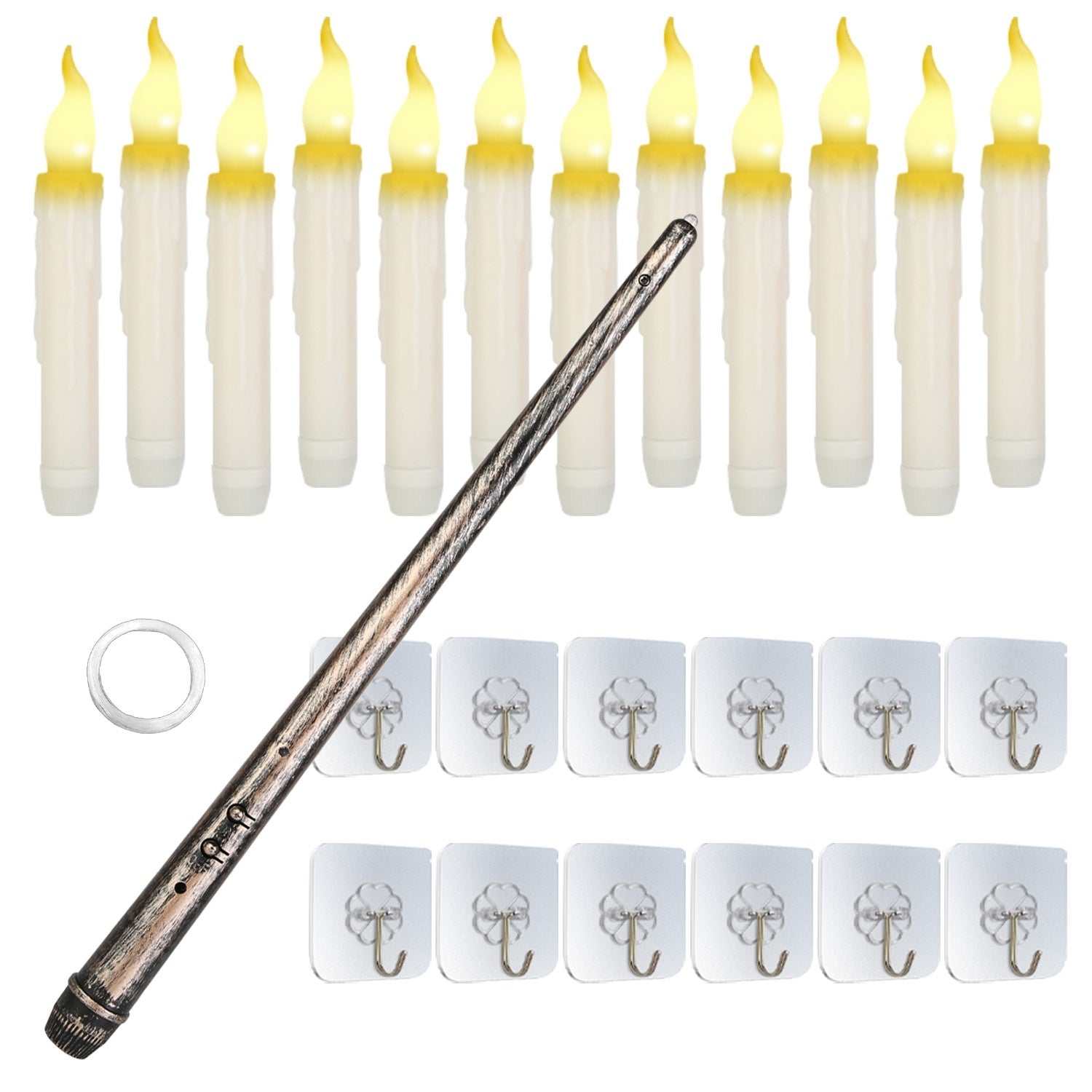Flameless floating candles with remote, a set including LED candles and a magic wand remote for easy control.