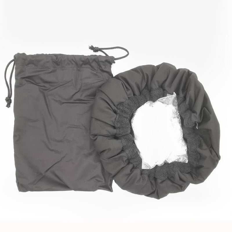 Black flaxseed care cap and matching storage pouch for dry hair treatment