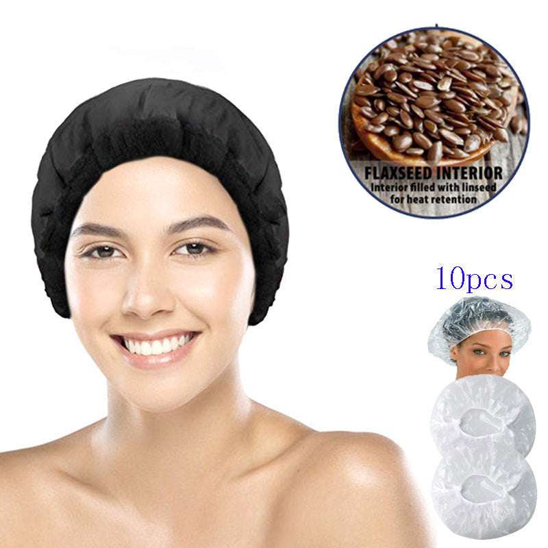 Flaxseed Care Cap black cotton hair mask cap with flaxseed interior for heat retention