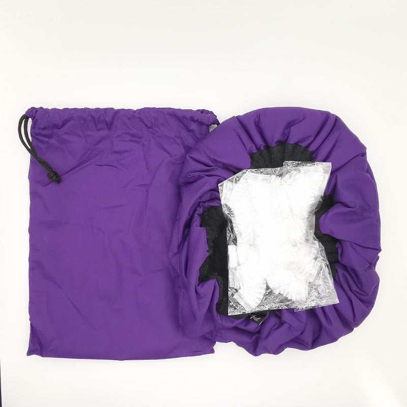 Purple flaxseed care cap with matching drawstring pouch for dry hair treatment