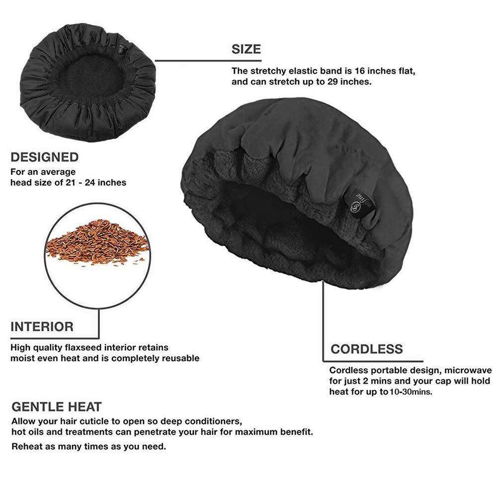 Black cordless flaxseed care cap with elastic band for dry hair treatment and heat retention