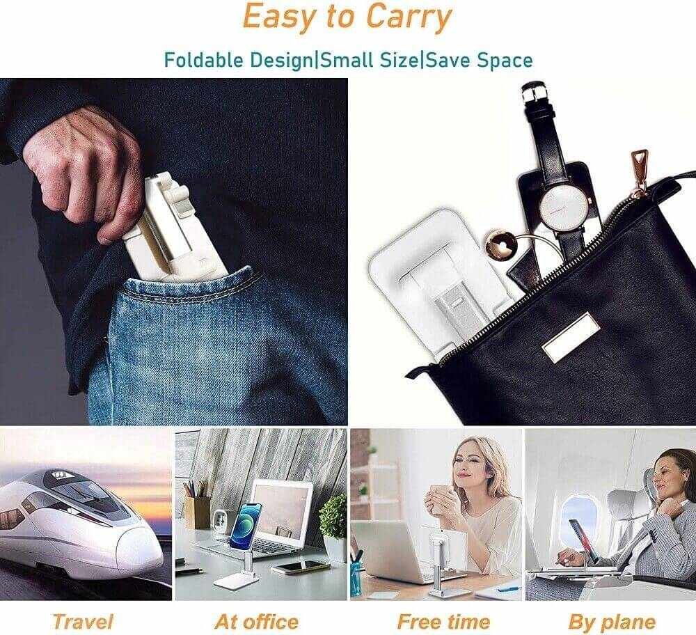Collage of mobile phone stand: easy to carry, foldable design, suitable for travel and office use.
