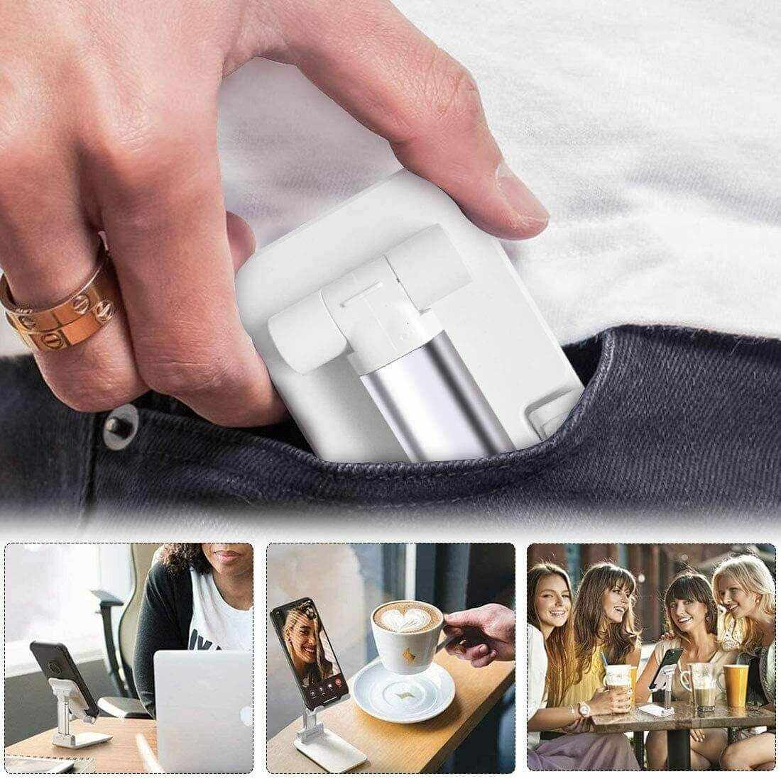 Foldable cell phone stand being taken out from pocket, with images of its use at home and cafe.