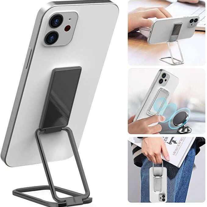 Foldable mobile phone holder with adjustable angles, showcasing versatility for video calls, browsing, and more.