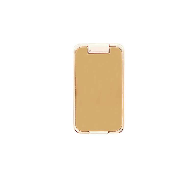 Foldable mobile phone holder in gold, compact design for adjustable viewing angles.
