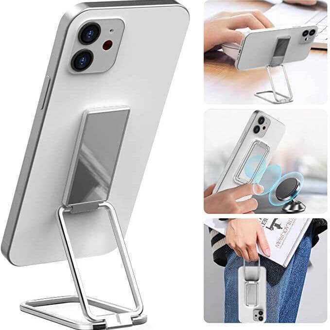 Foldable mobile phone holder displaying adjustable angles for smartphones and mini tablets, ideal for video and gaming.