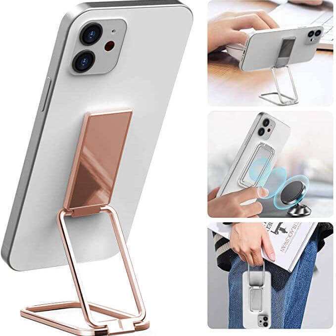 Foldable mobile phone holder showcasing adjustable angles and universal compatibility for smartphones and mini tablets.