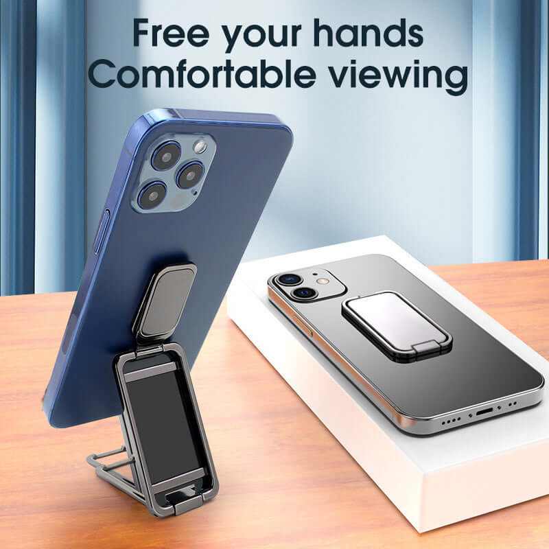 Foldable mobile phone holder displaying smartphones, promoting hands-free viewing and comfort.