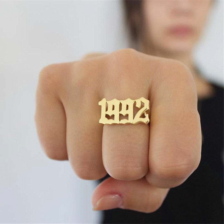 gold stainless steel 1992 cyberpunk style number ring on finger futuristic vintage design unisex jewelry