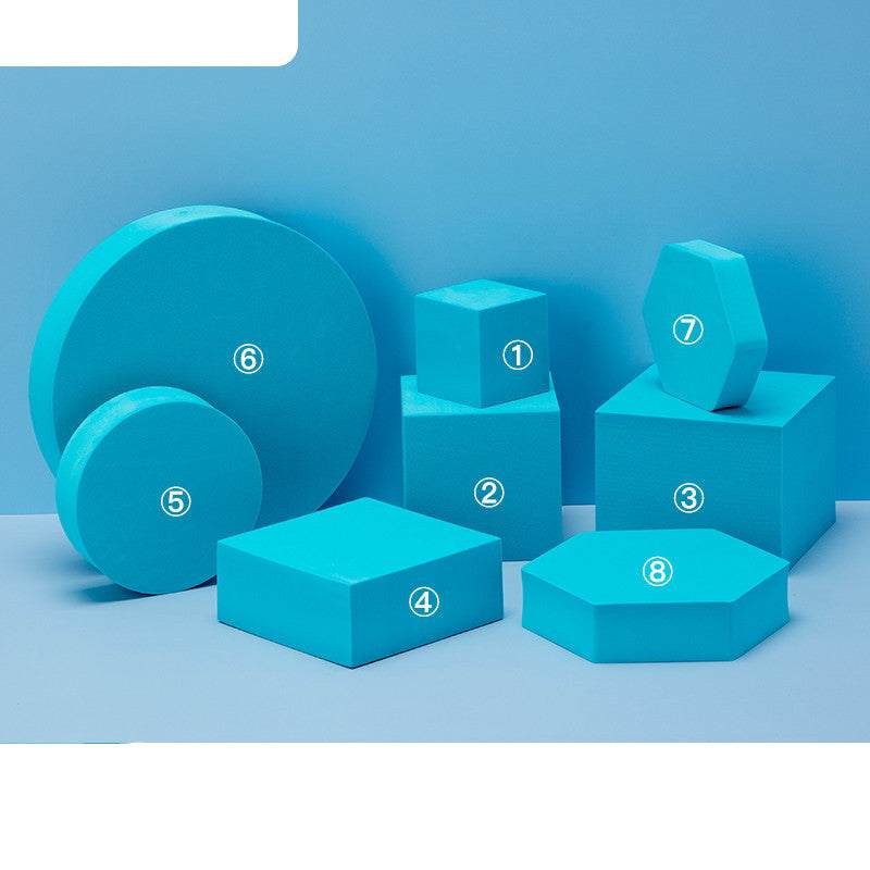 Blue photo prop geometric cube decor set with various shapes including cubes, cylinders, and hexagons