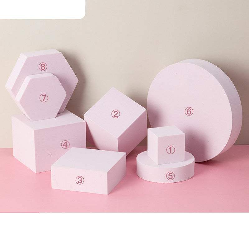 Pink photo prop geometric cube decor set with various shapes including cubes, cylinders, and hexagons