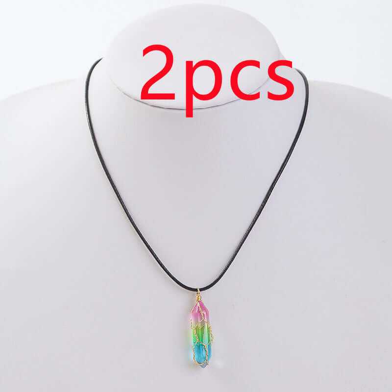 Two colorful crystal pendant necklaces on a black cord, showcasing a trendy geometric design.