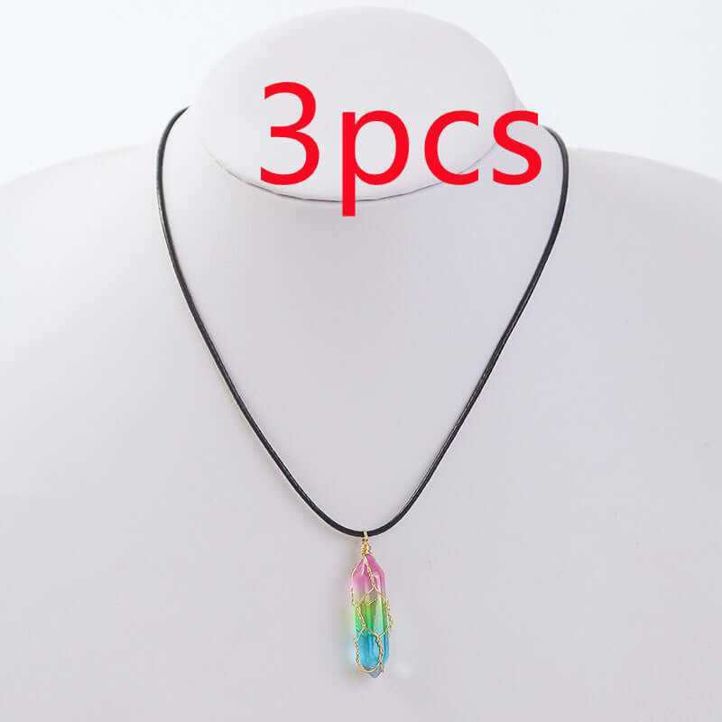 Colorful geometric crystal pendant necklace on black cord, perfect for fashion-forward women.