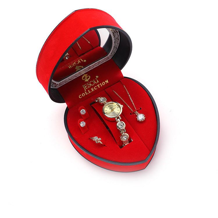 luxury necklace and earrings gift set with watch in red heart-shaped box