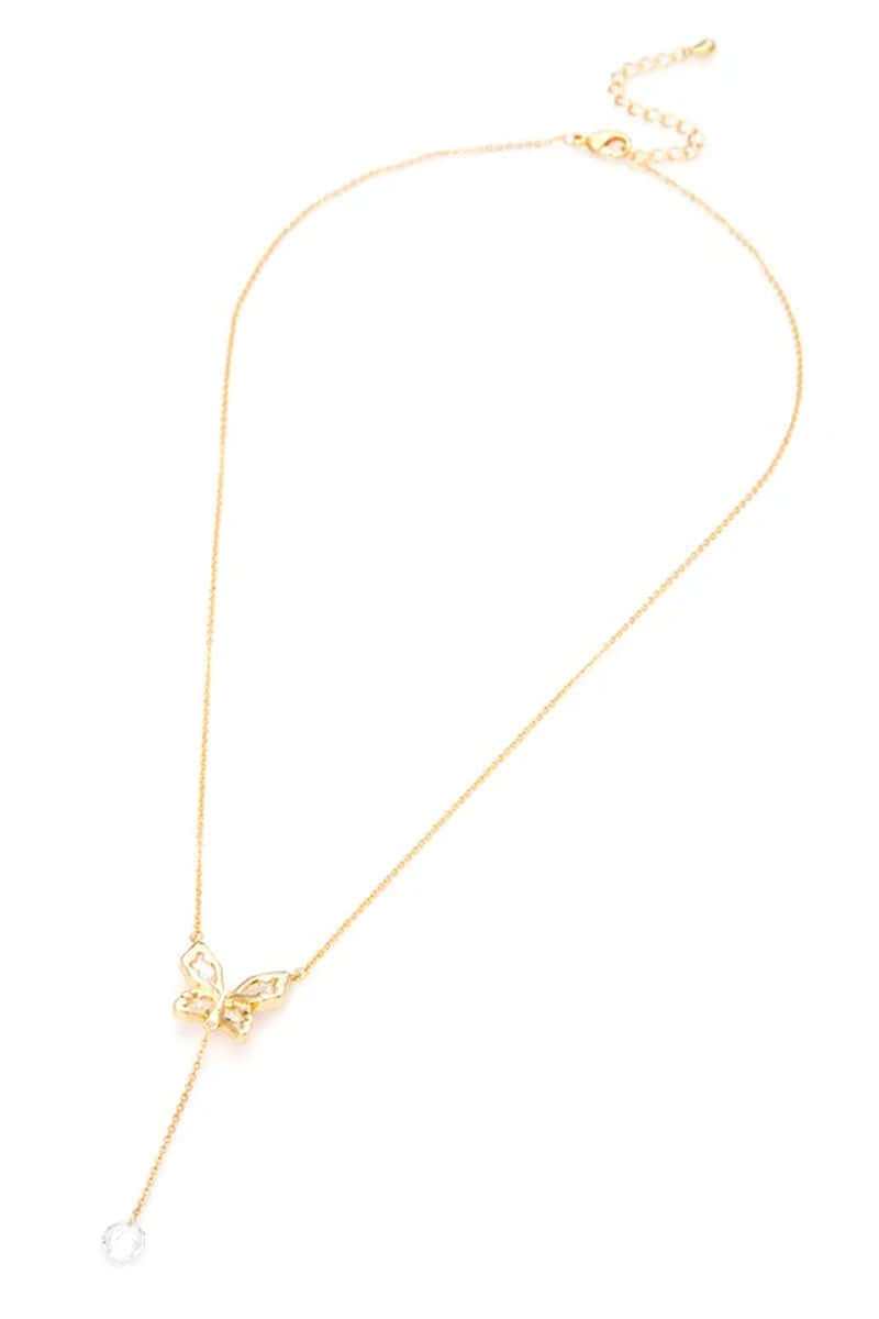 Gold drop butterfly pendant necklace with cubic zirconia, perfect for delicate layering or solo wear.