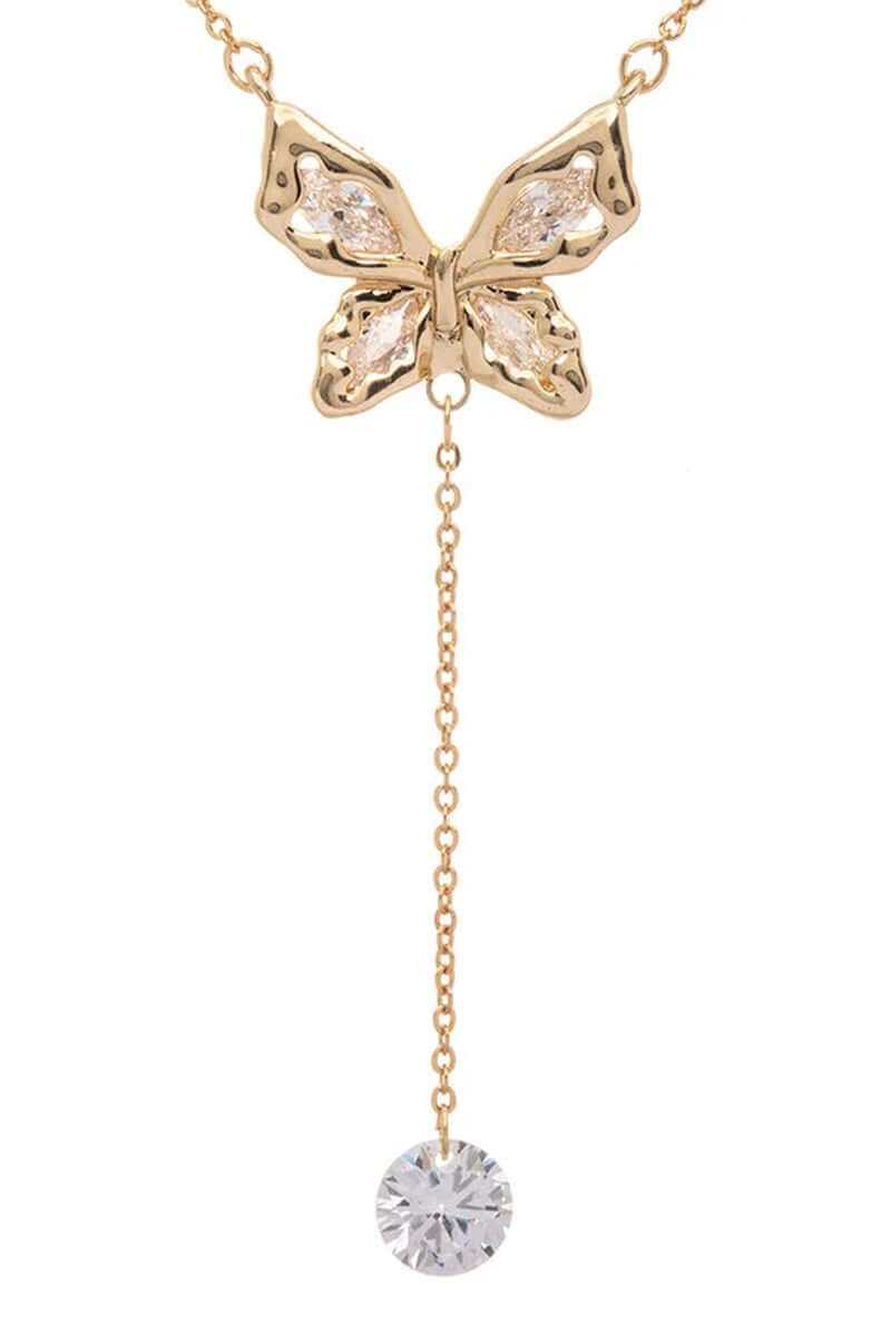 Gold drop butterfly pendant necklace with cubic zirconia charm, perfect for elegant layered looks.