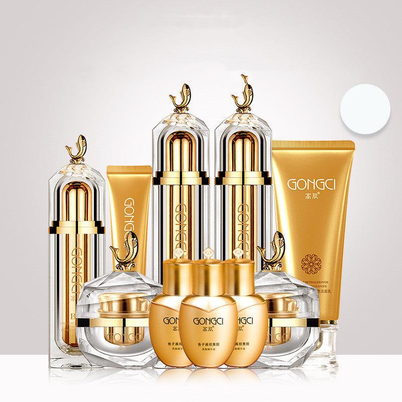 Alcohol Retinol Caviar skin care set with gold and clear bottles and tubes for moisturizing and pore control