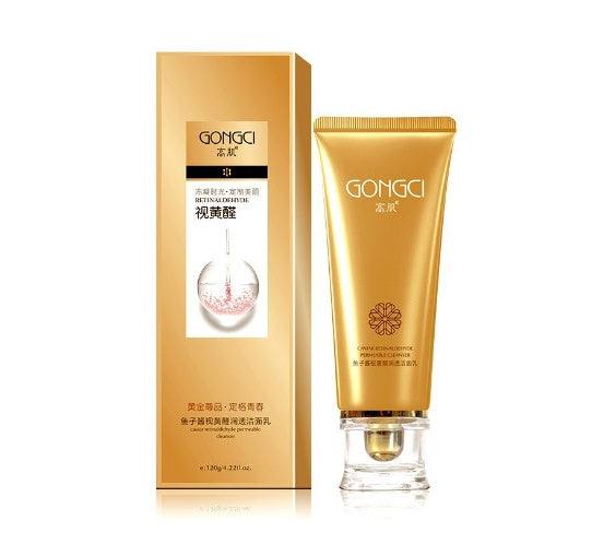Alcohol retinol caviar skin care gold tube cleanser with matching gold box packaging