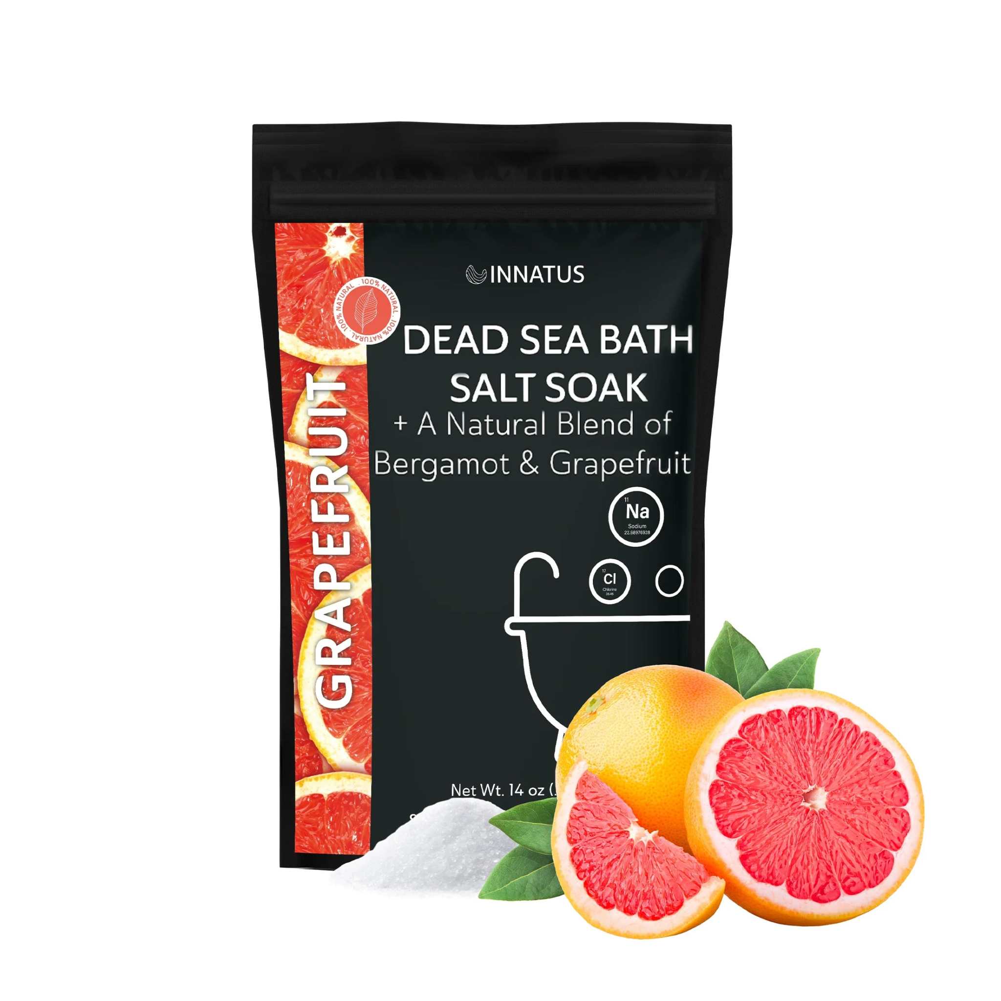 Grapefruit Dead Sea bath salt soak by Innatus, enriched with bergamot and grapefruit for a refreshing spa experience.