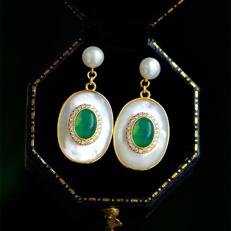 Green Egg Noodles green copper geometric stud earrings with pearl and rhinestone detailing