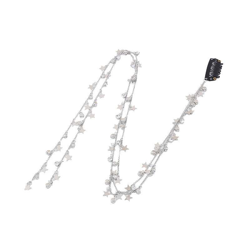 Silver hair braid side chain with star-shaped rhinestones and black clip
