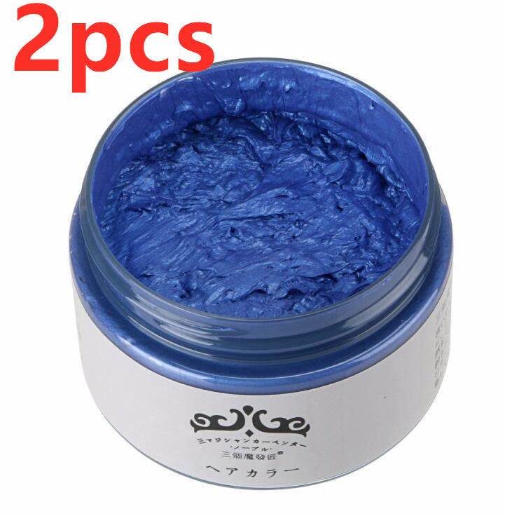 Blue hair color wax in an open white container, two pieces pack