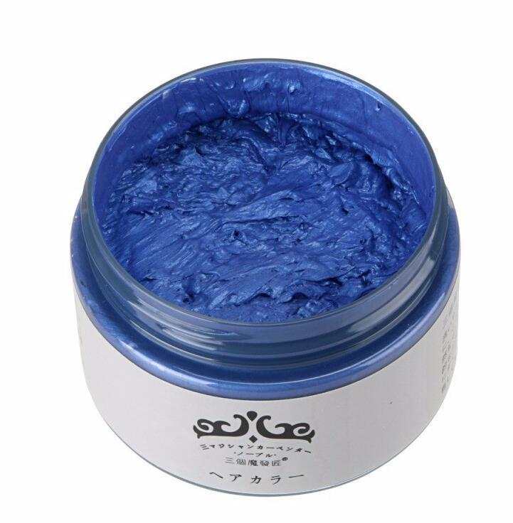 Jar of blue hair color wax for one-time hair dyeing