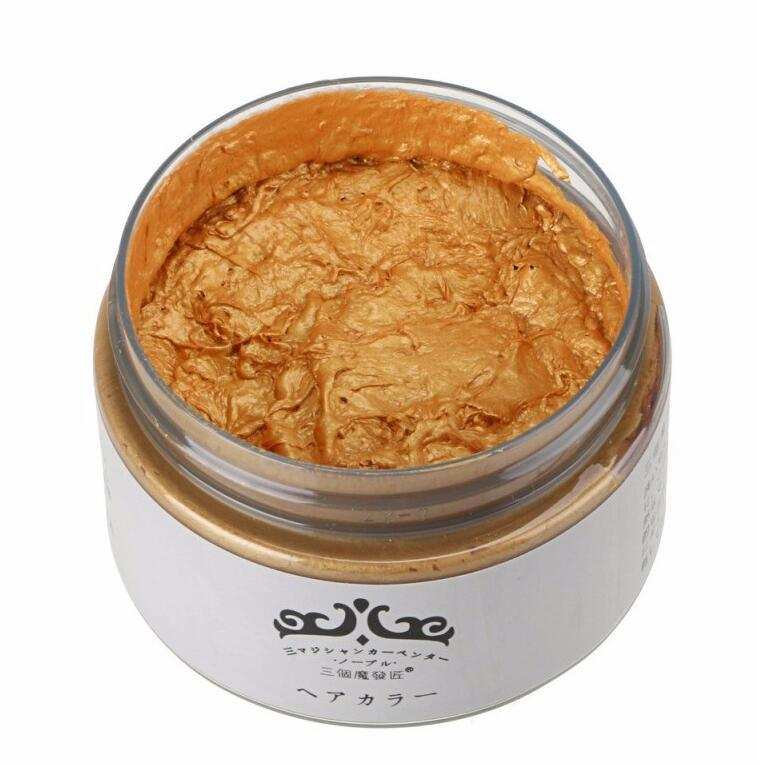 Jar of golden hair color wax for one-time hair dye application