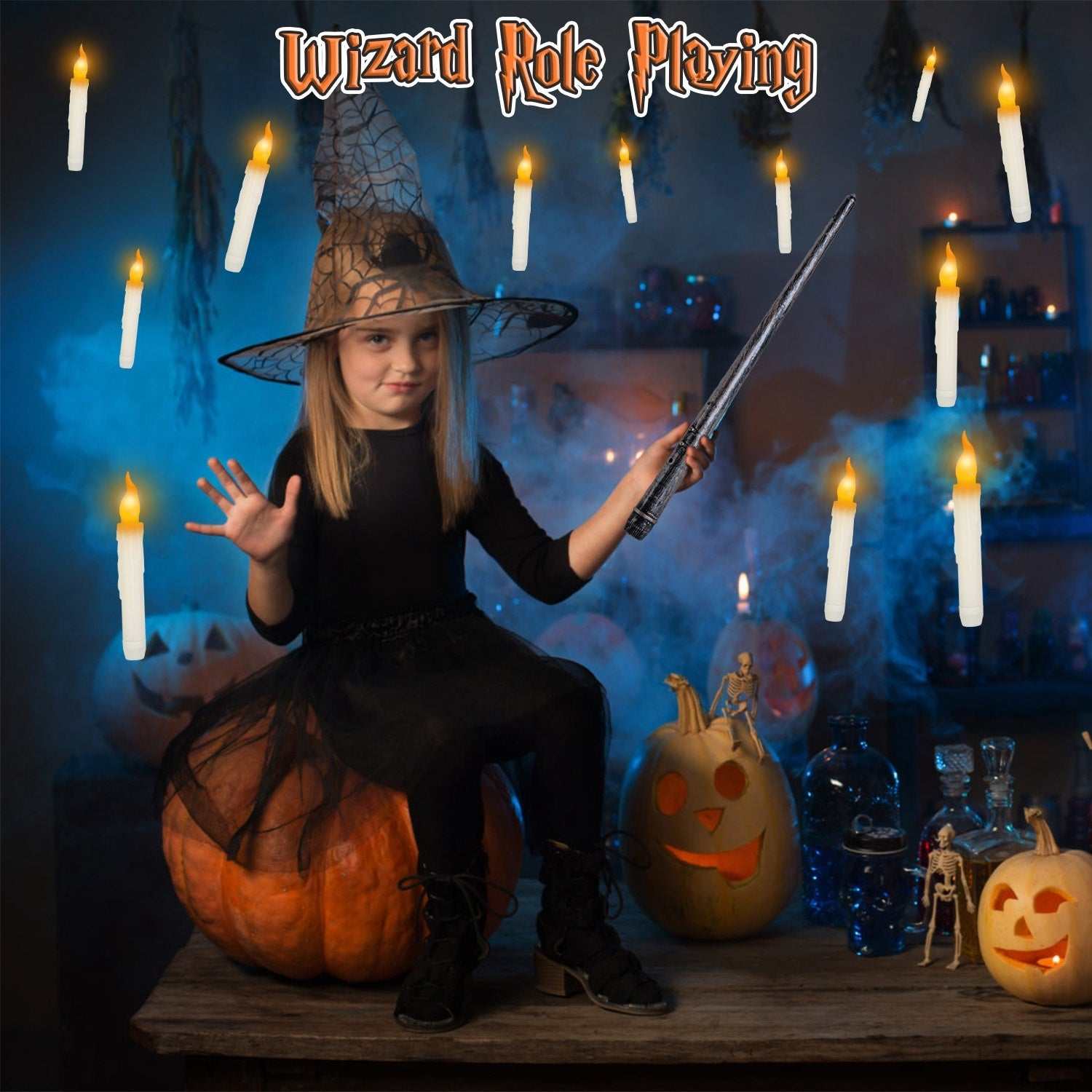 Child dressed as a witch during Halloween, surrounded by floating candles and pumpkins, showcasing wizard role playing.