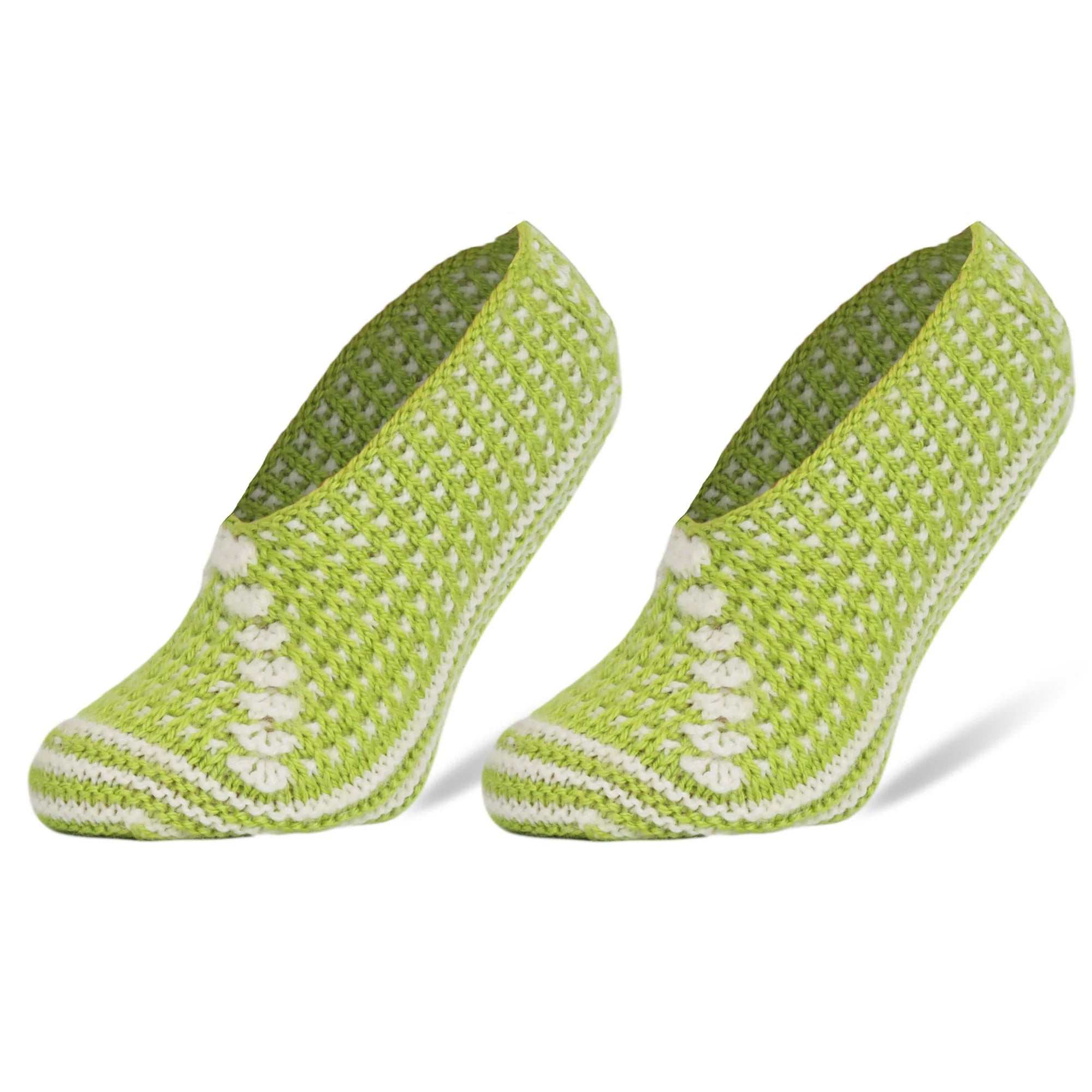 Handmade green crochet slippers for women, size 5-7, soft and comfortable for all seasons.