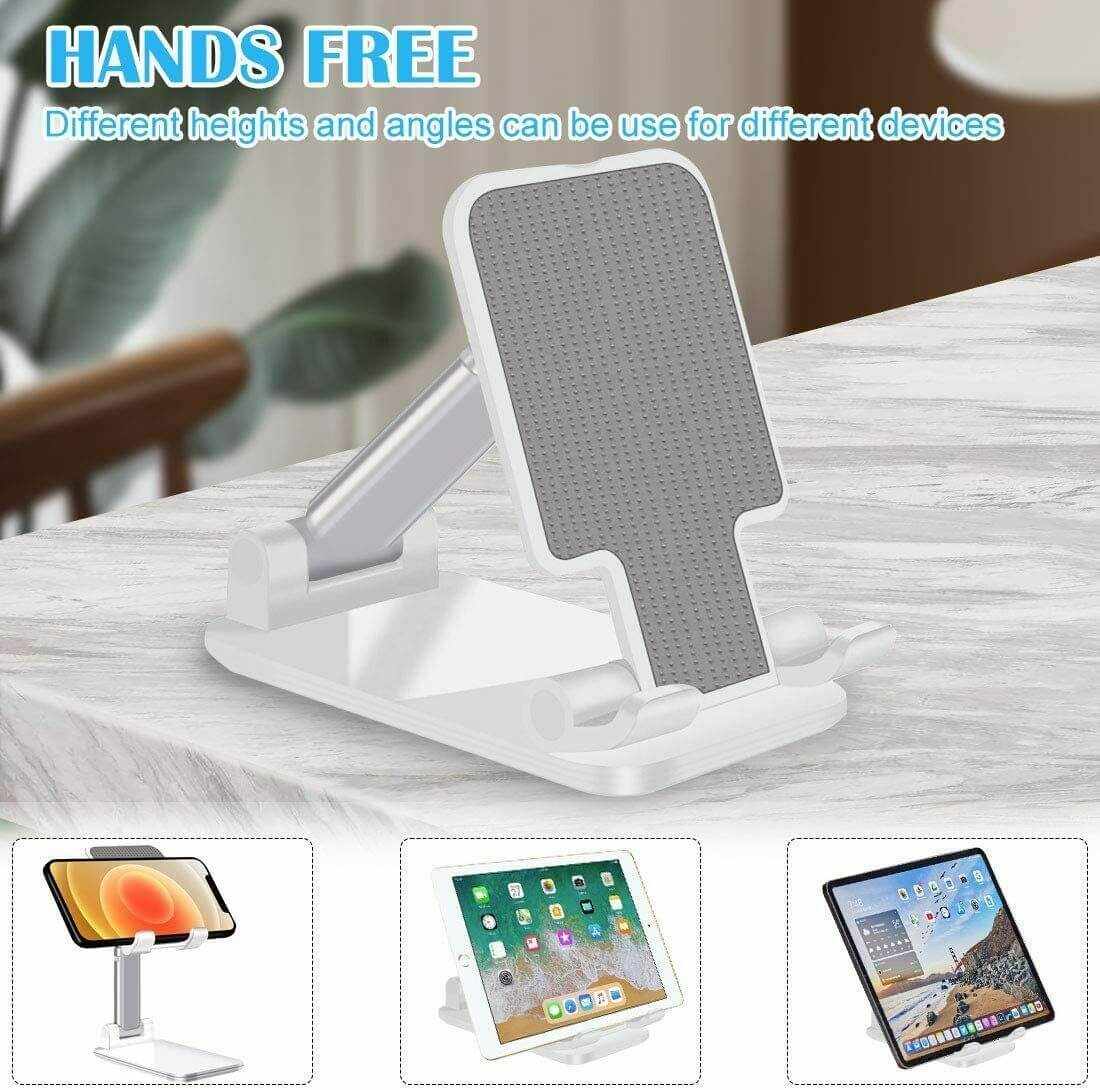 Adjustable hands-free desktop phone and tablet stand with multiple heights and angles for optimal viewing.